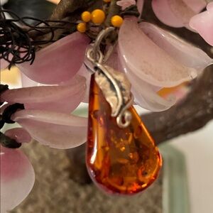 Amber Teardrop Pendant with Silver Leaf Accent